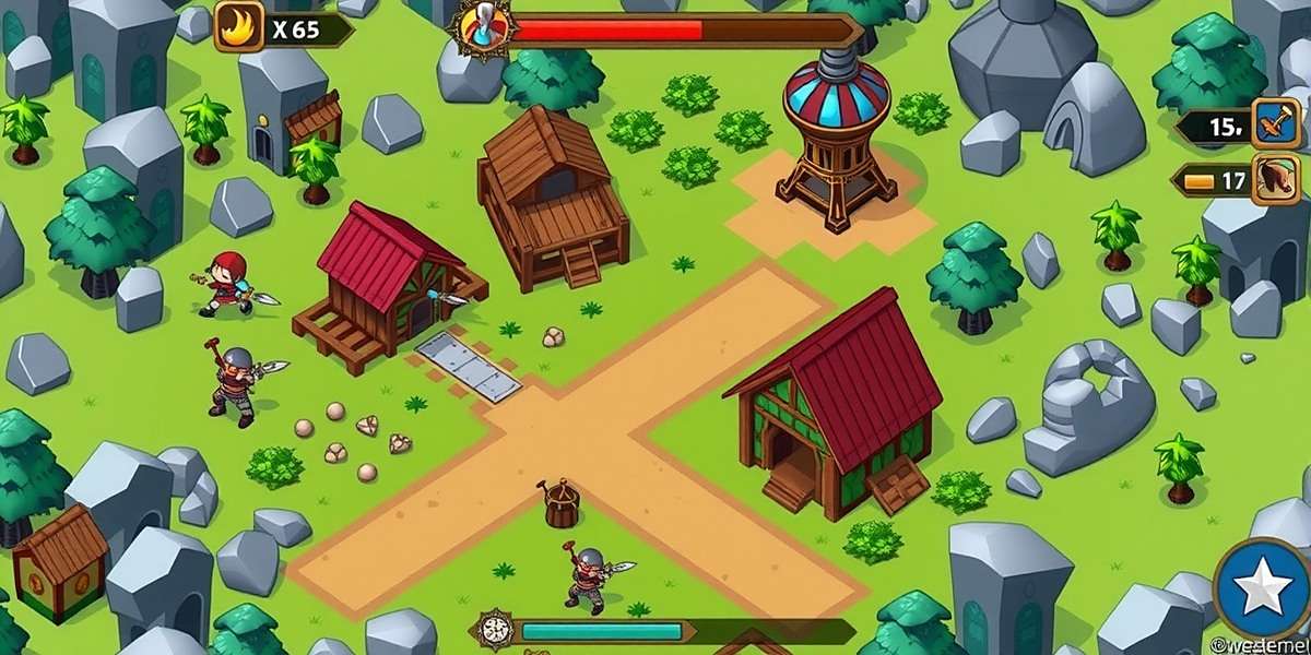 Fenugreek Fighters War gameplay showing a village with various buildings, resources, and warriors