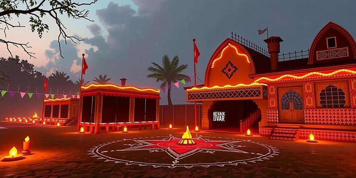 Fenugreek Fighters War Diwali event showing a village decorated with diyas and rangoli